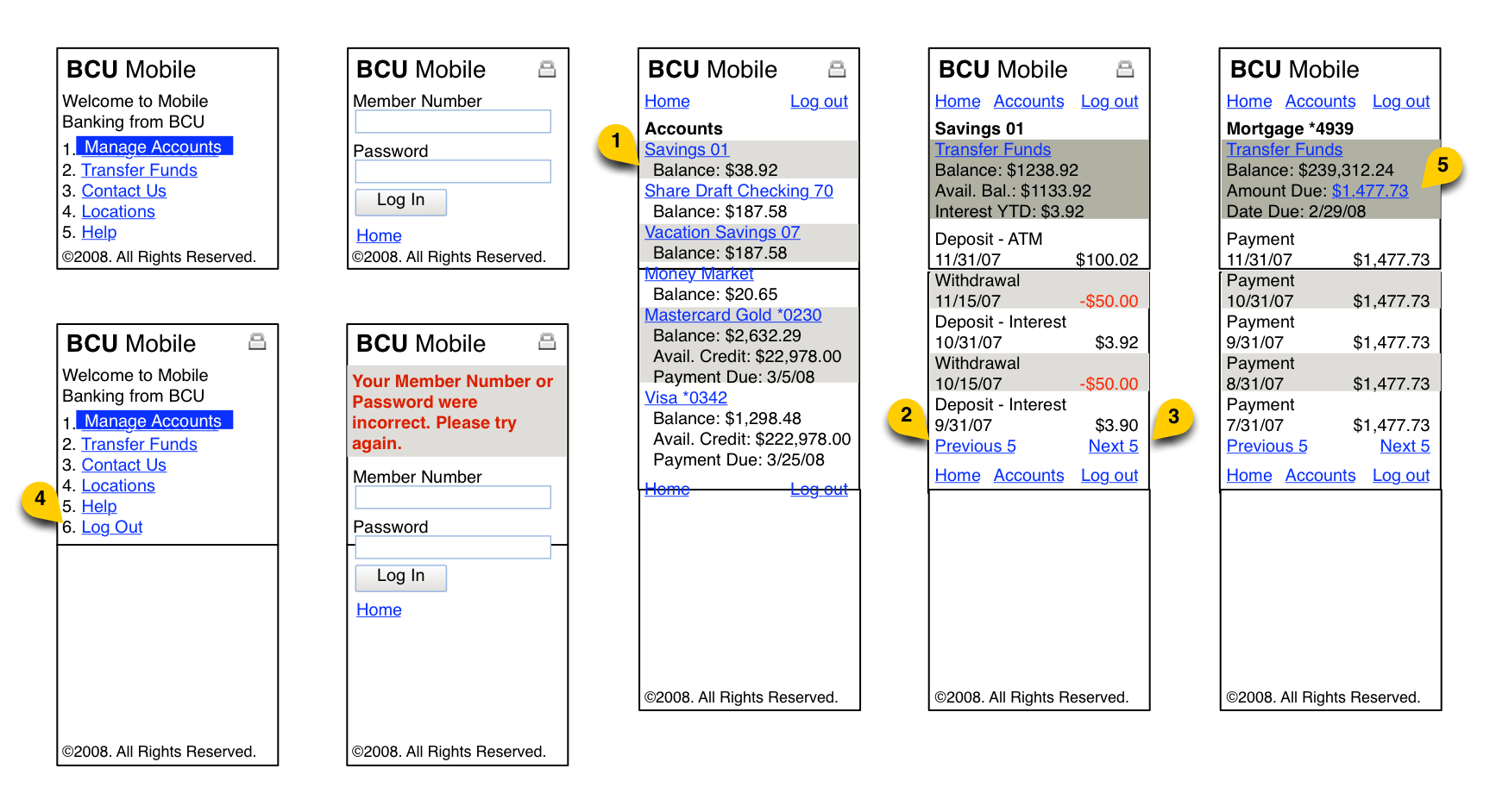 BCU Mobile sign in and account wireframes