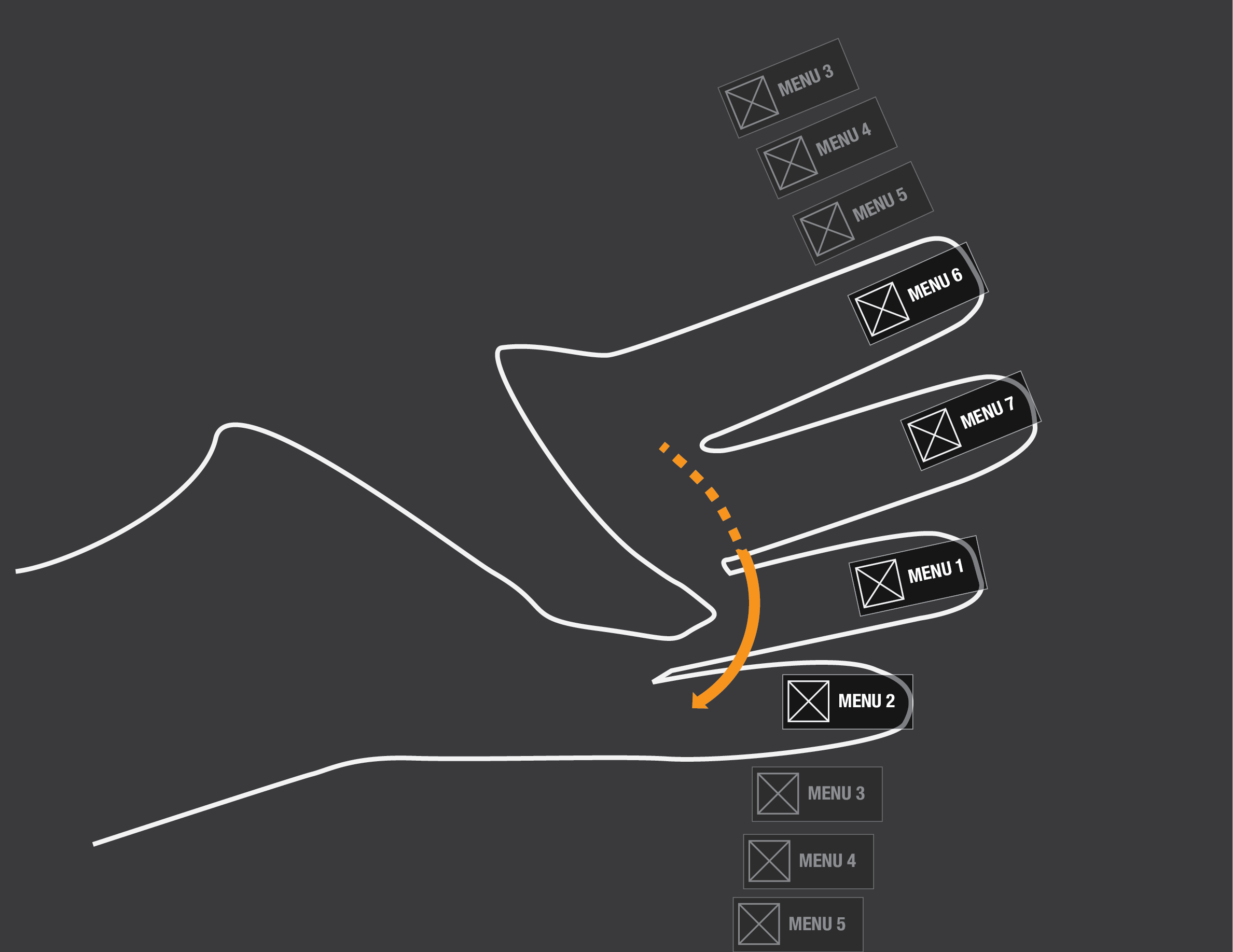 Wireframes of augmented reality controls projected onto the face of a glove showing scrolling through a menu