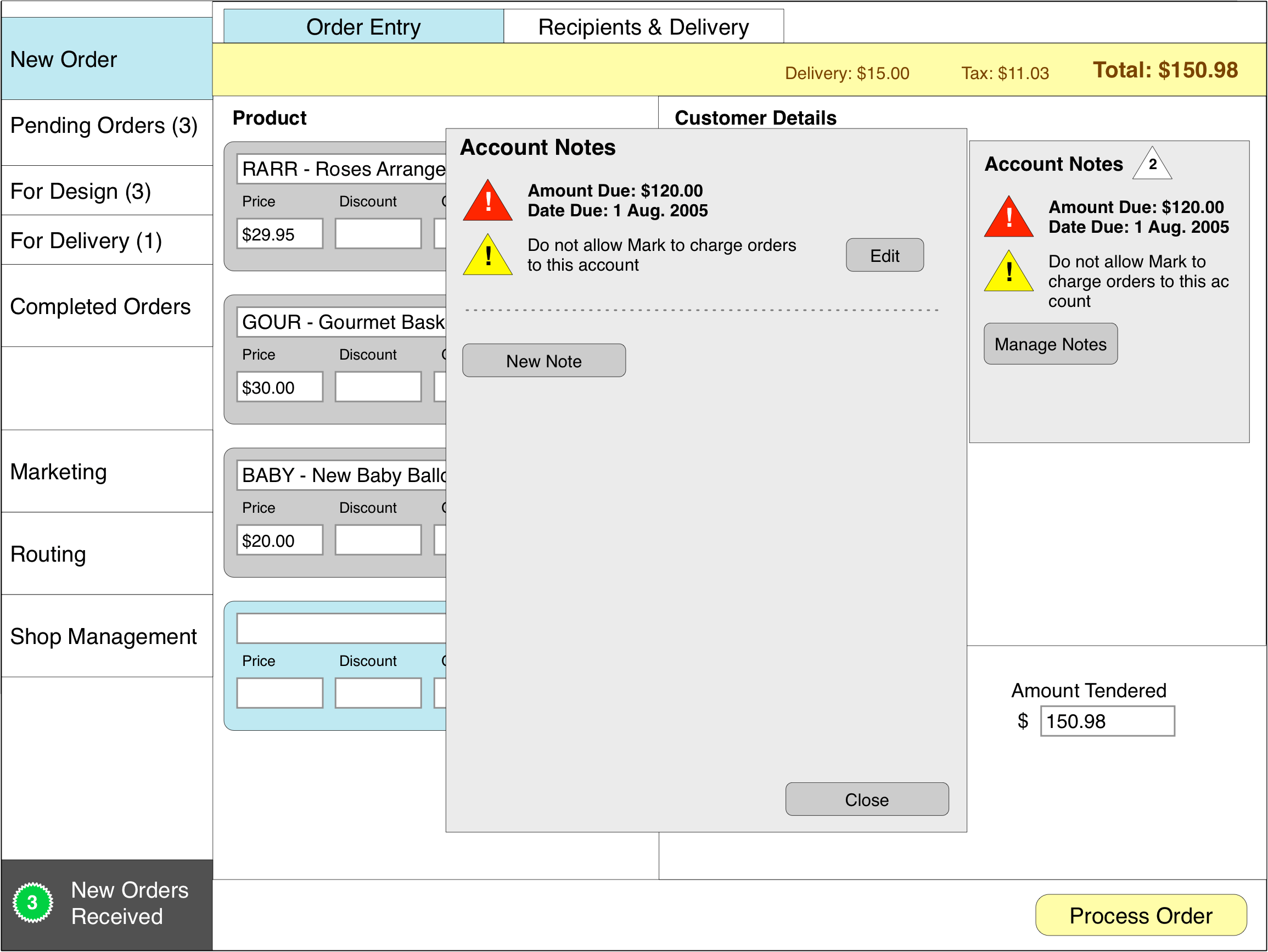 FTD Point of Sale account notes wireframe