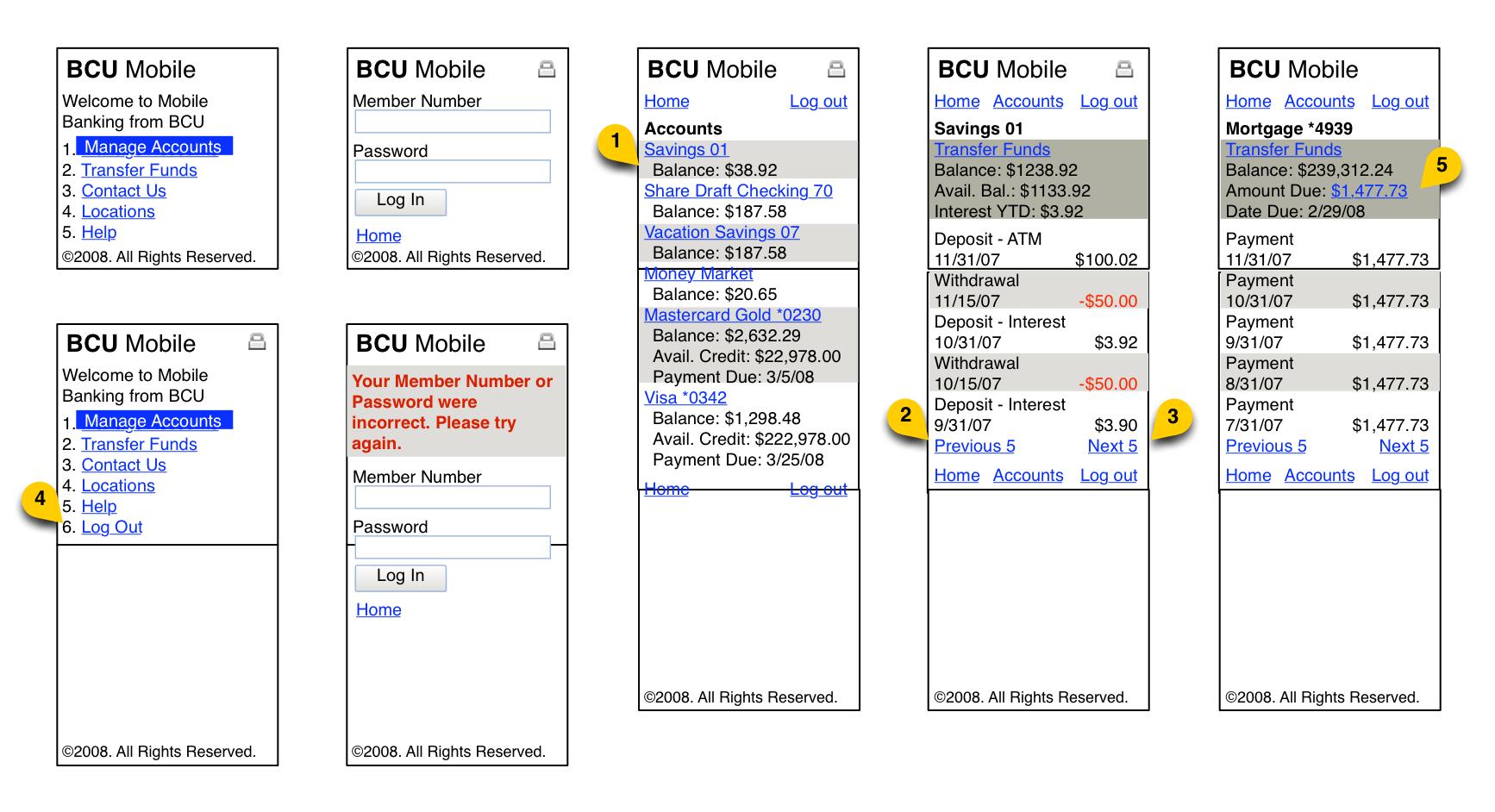 BCU Mobile sign in and account wireframes