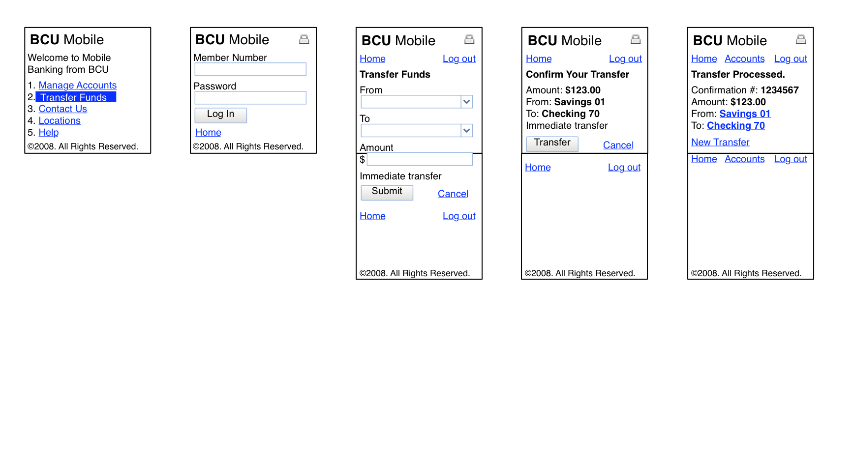 BCU Mobile transfer funds wireframes