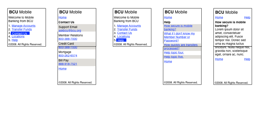 BCU Mobile help and contact wireframes