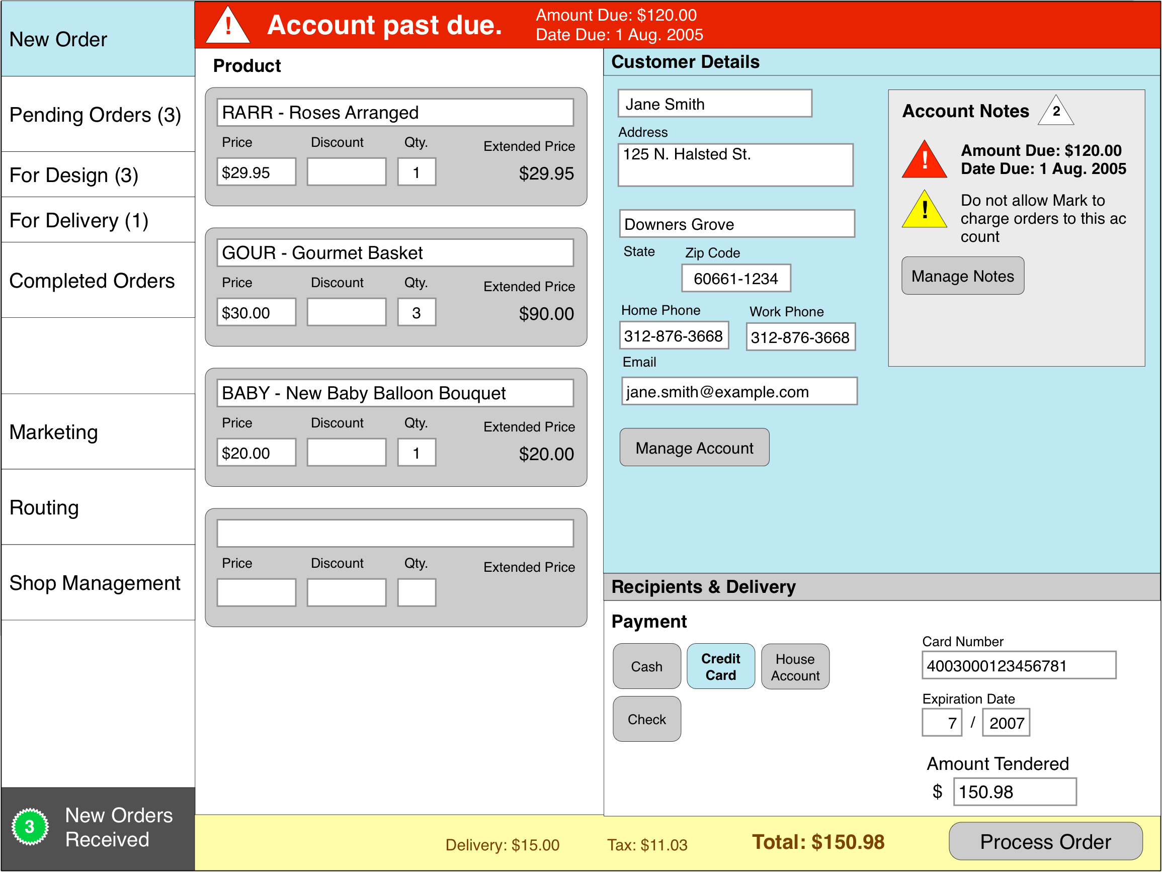 Wireframe of proposed FTD Point of Sale interface.