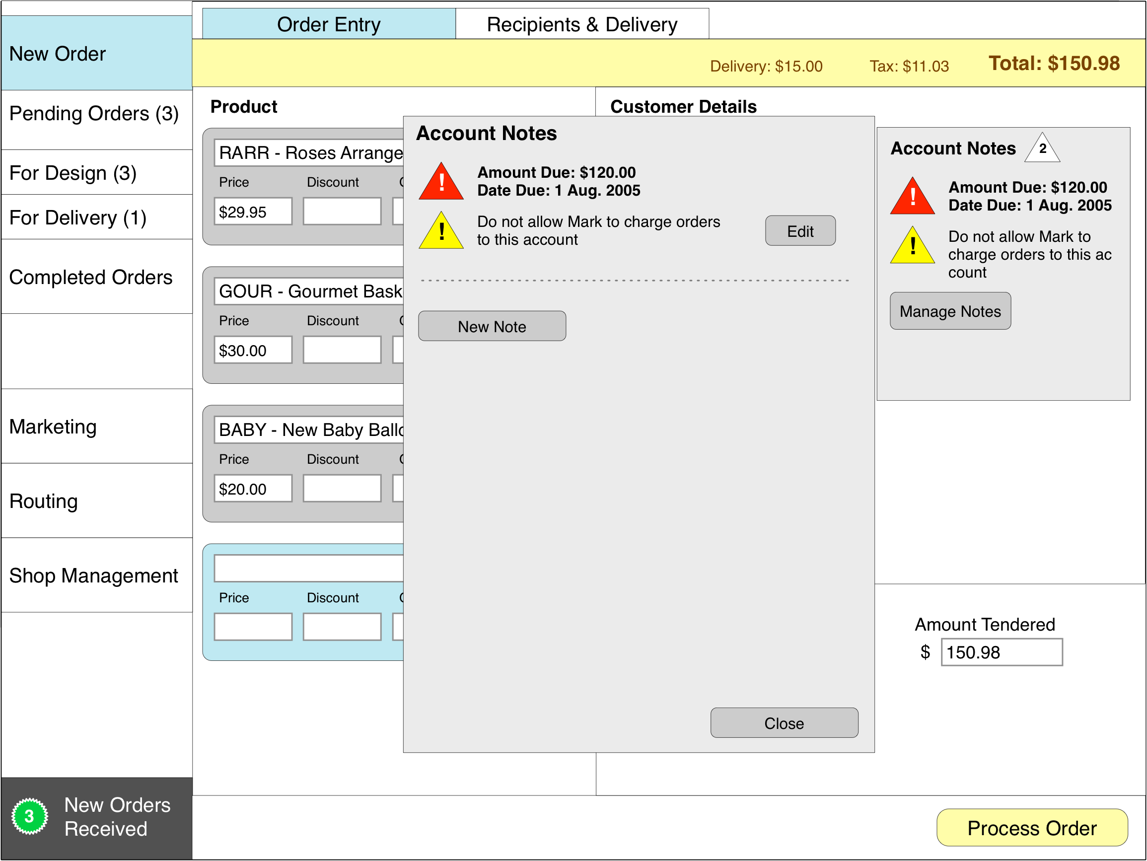 FTD Point of Sale account notes wireframe.