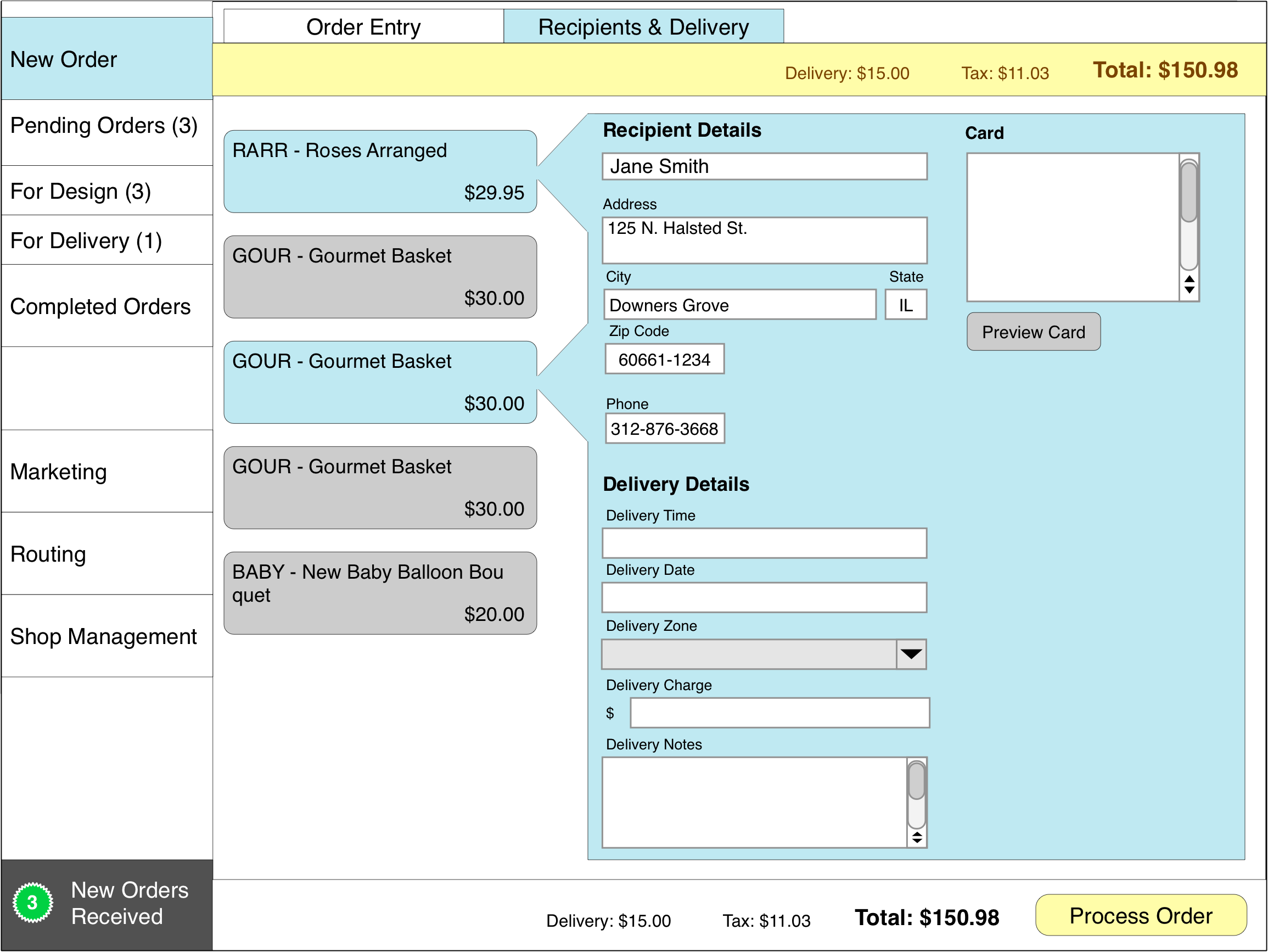 FTD Point of Sale delivery details wireframe.