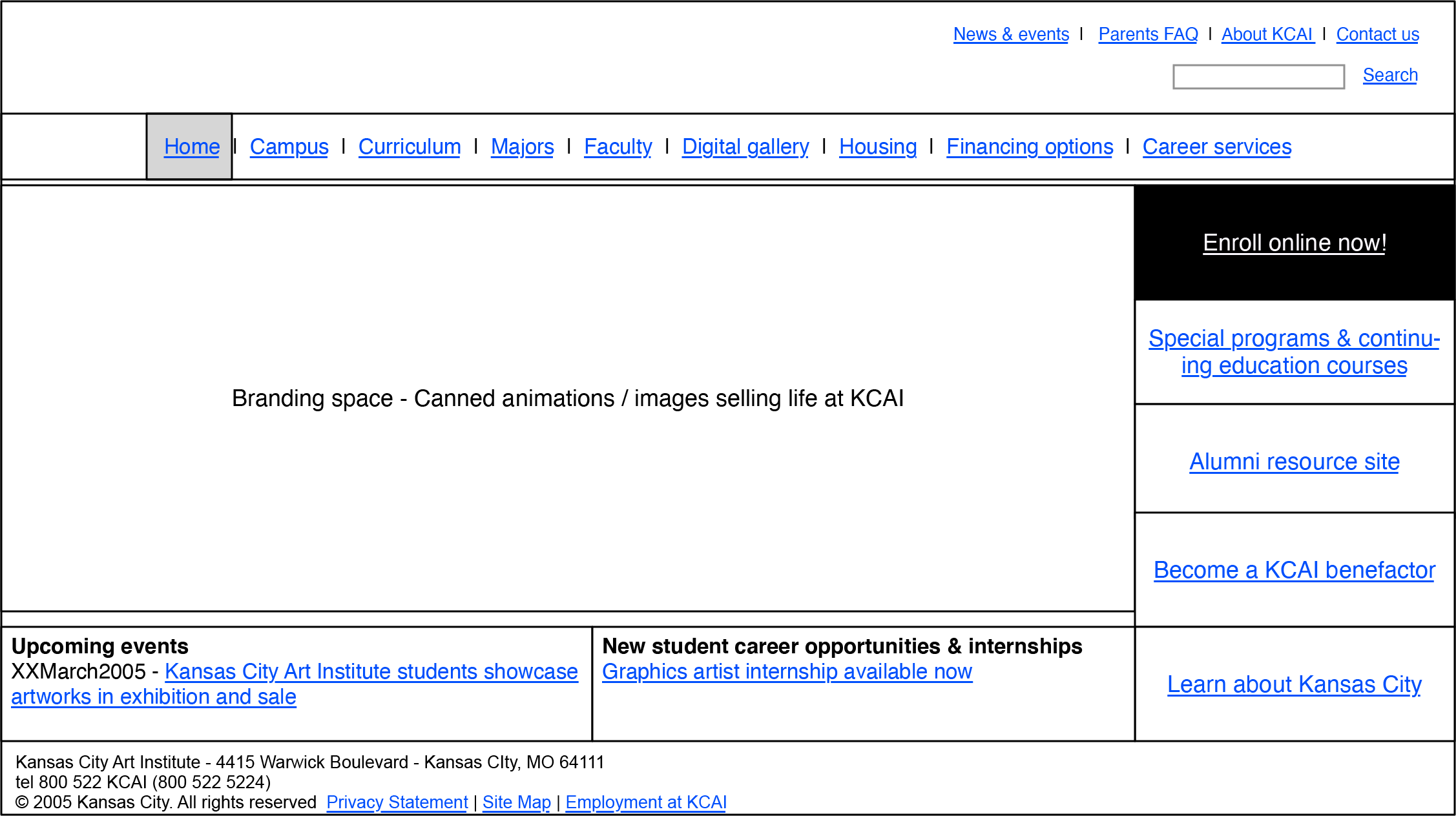 KCAI home page wireframe.