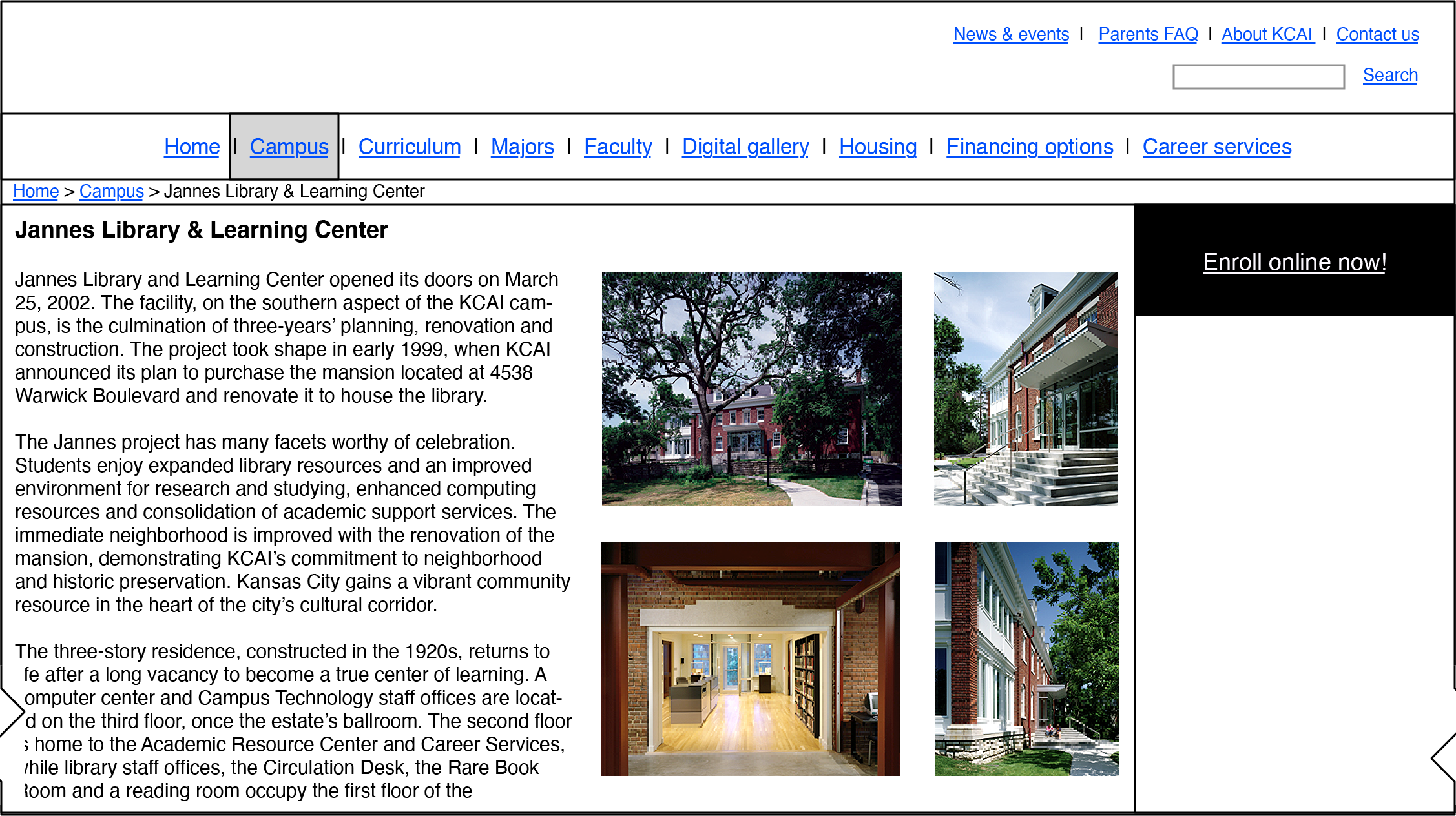 KCAI campus detail page wireframe.