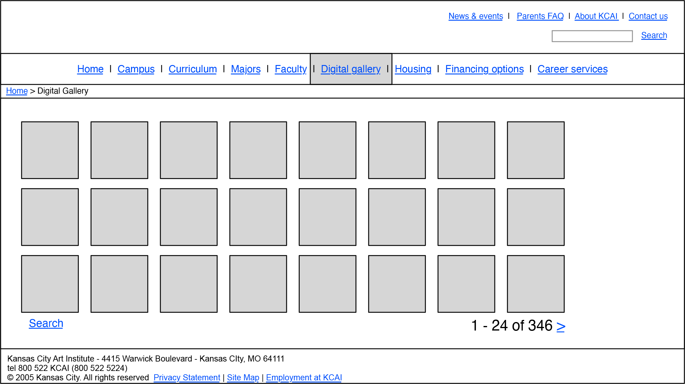KCAI digital gallery home page wireframe.