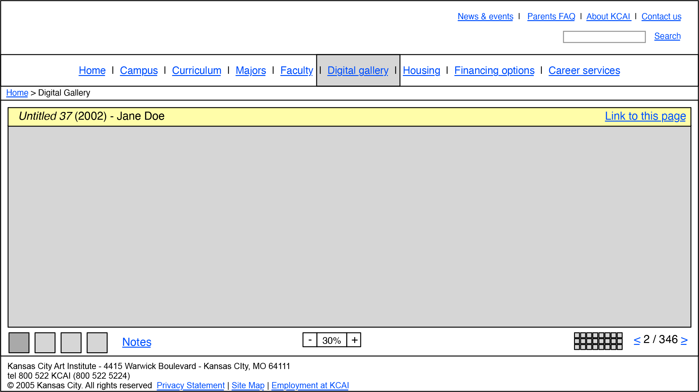 KCAI digital gallery detail page wireframe.