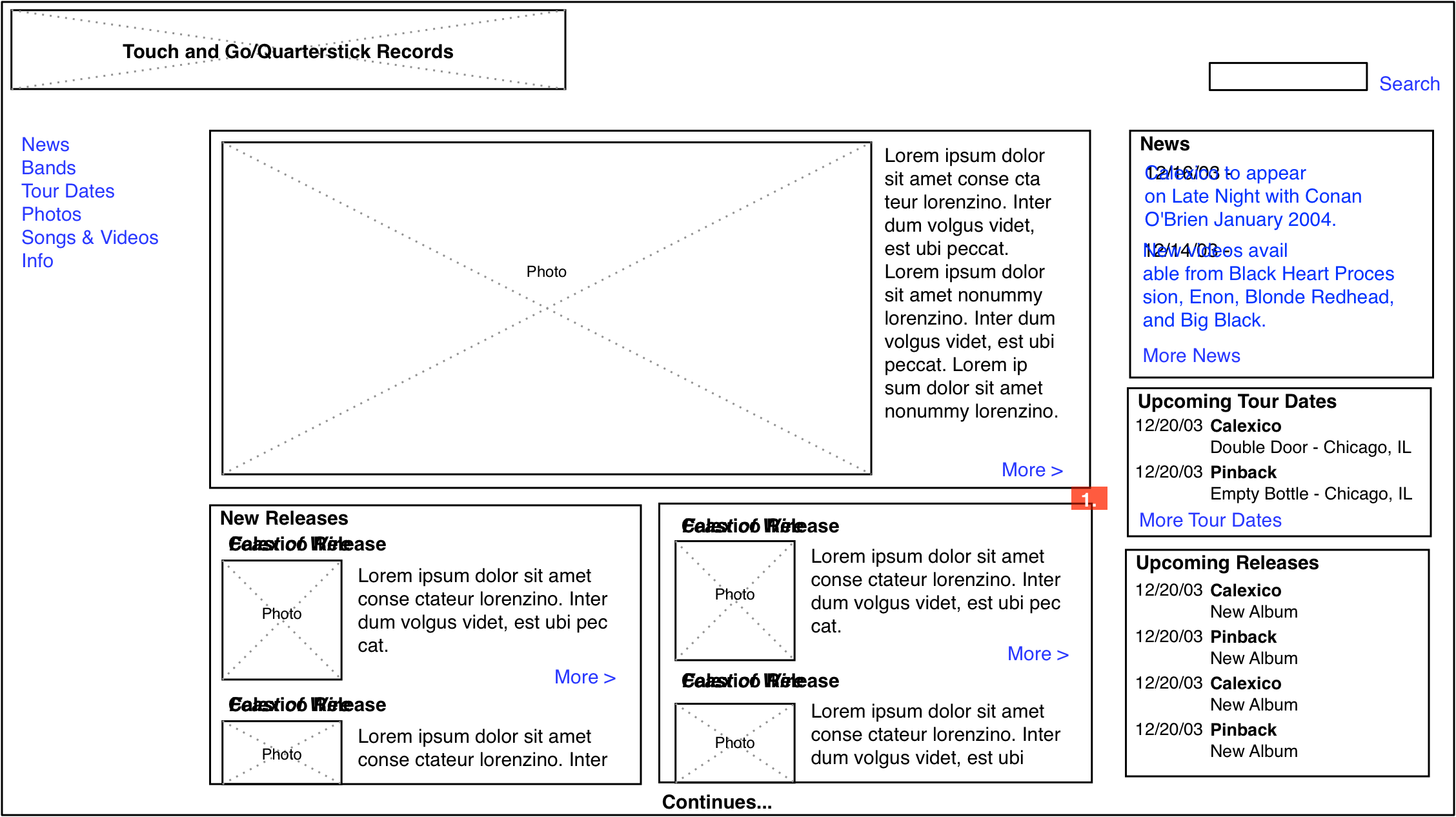 Touch and Go Records home page wireframe.