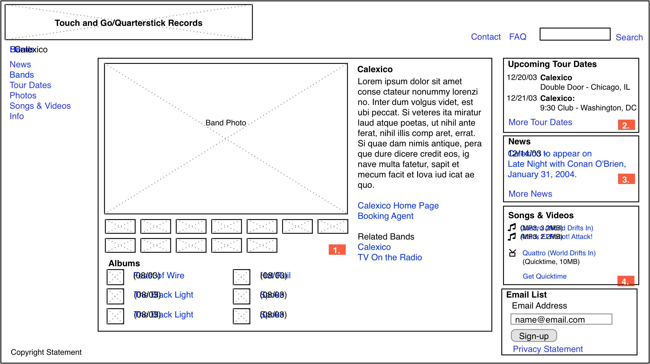 Touch and Go Records artist page wireframe.
