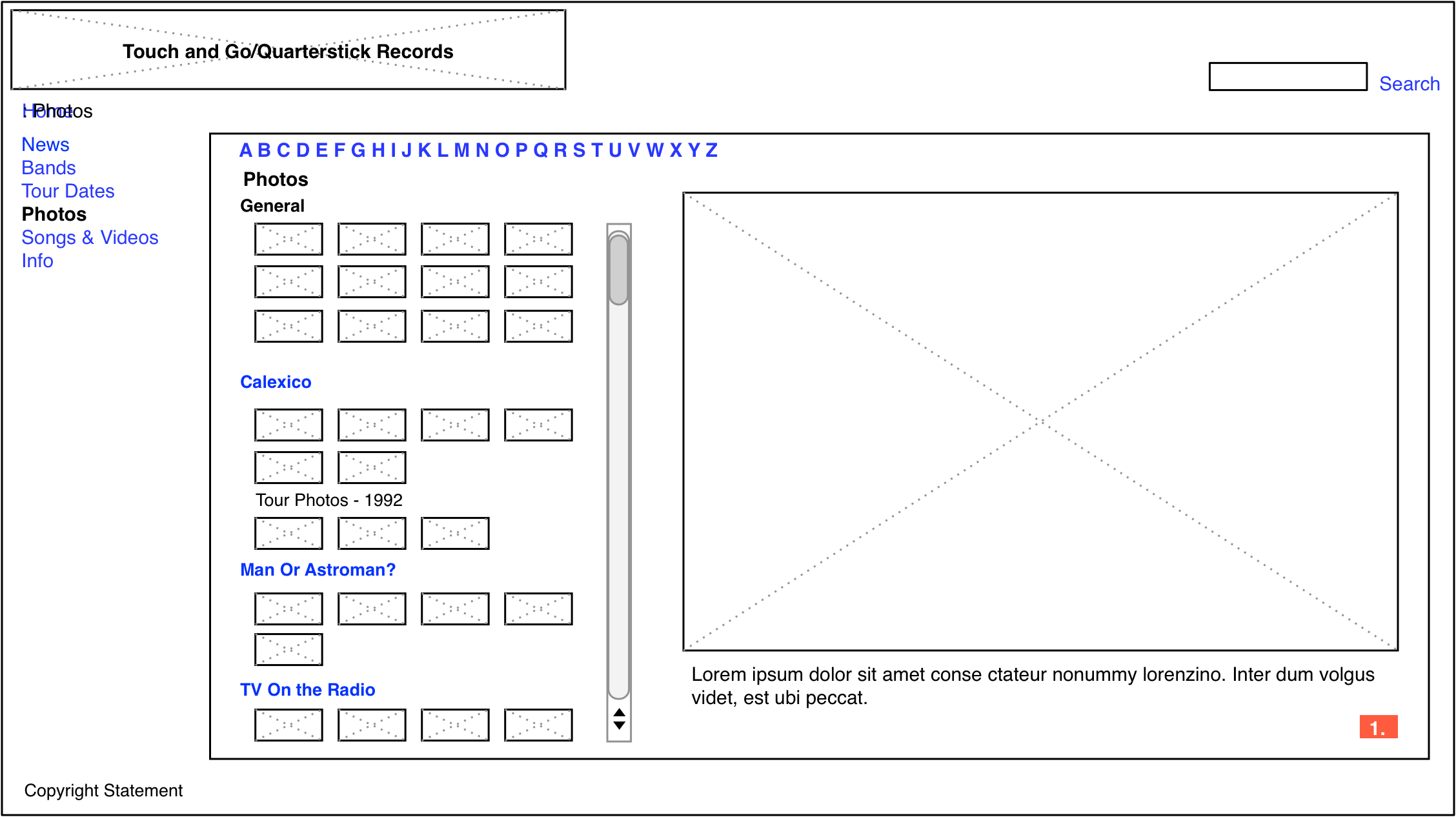 Touch and Go Records photos page wireframe.