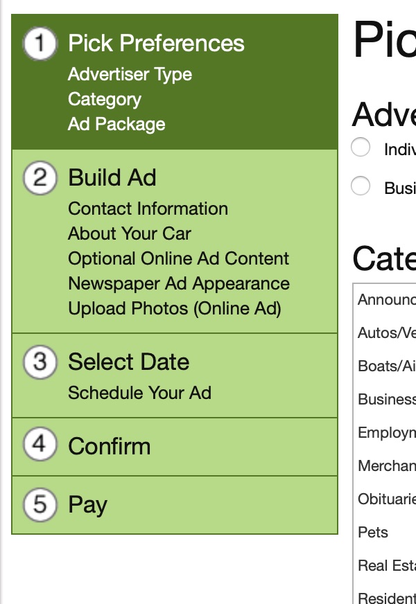 Tribune Technology Online Classified Entry prototype progress indicator screenshot.