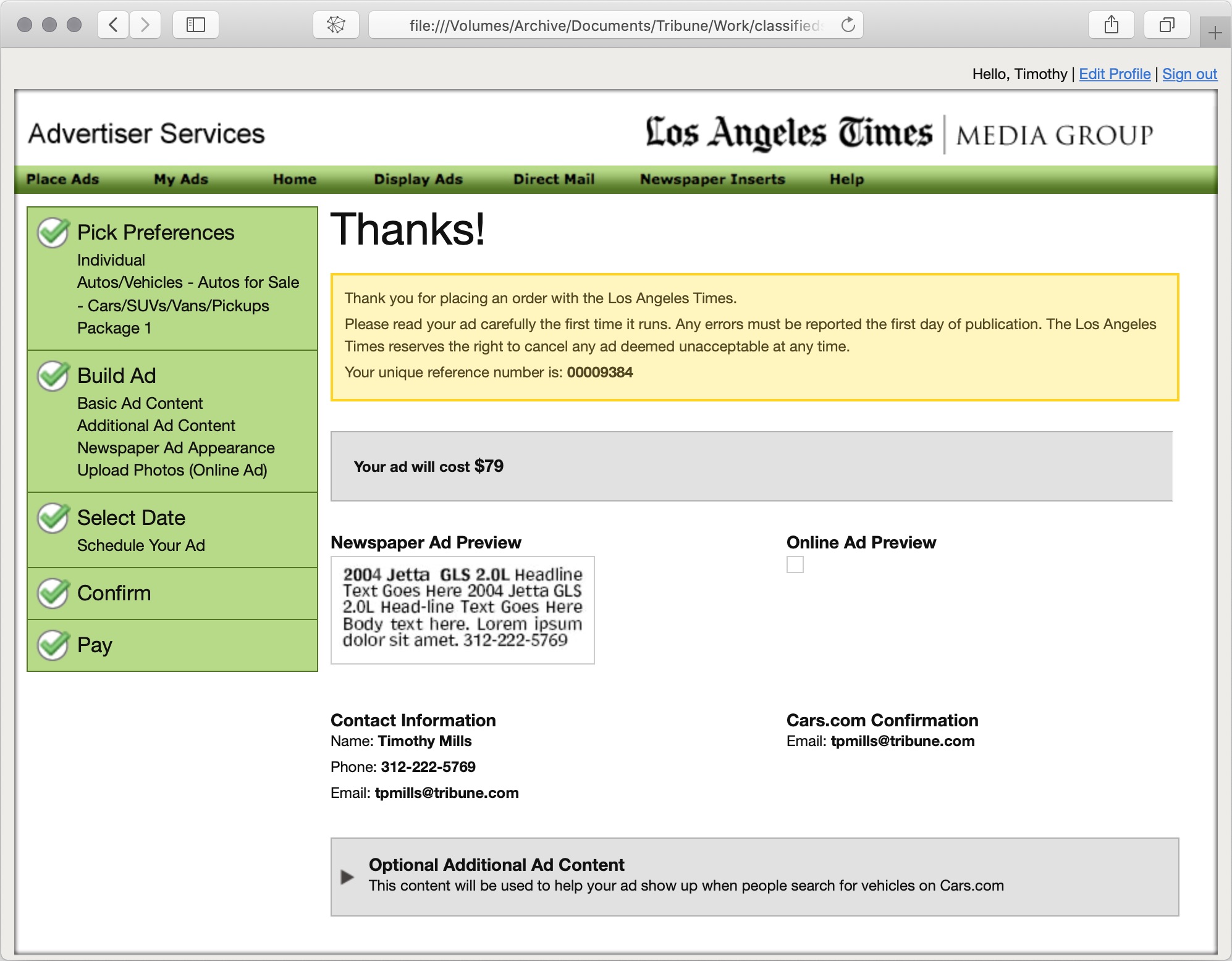 Tribune Technology Online Classified Entry prototype thank you screenshot