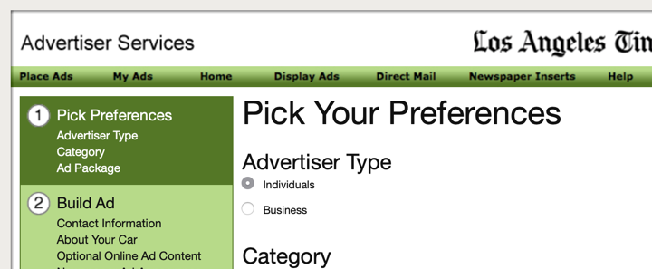 Tribune Technology online classified entry prototype screenshot
